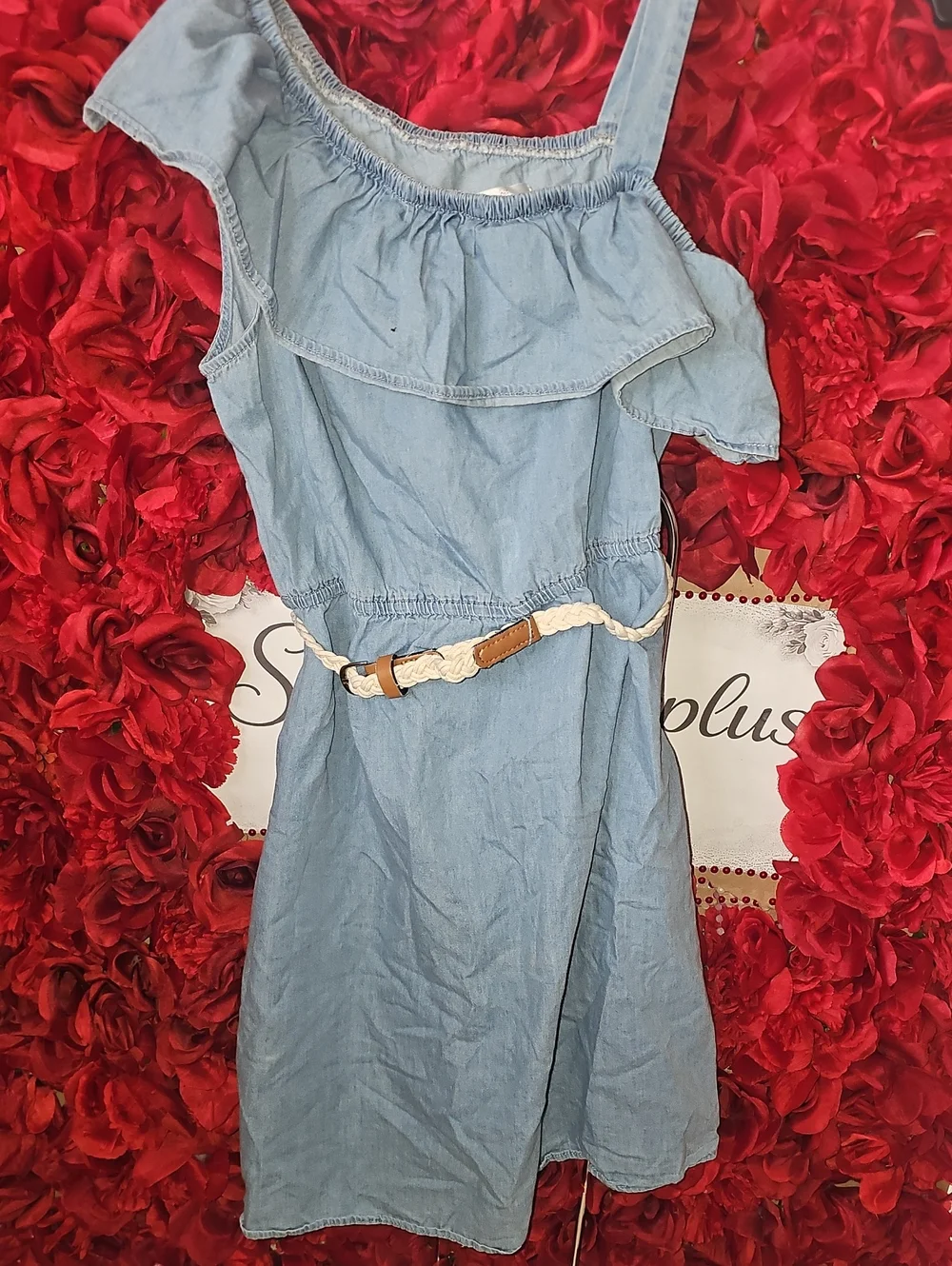 Justice Light Blue One-Shoulder Ruffle Dress with Braided Belt Size 14